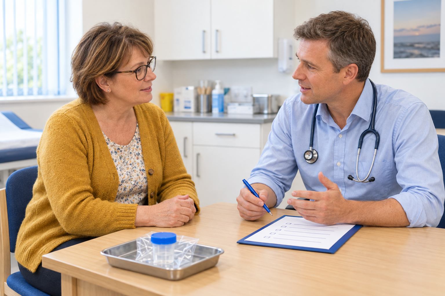 gp surgery consultation male GP and femal patient