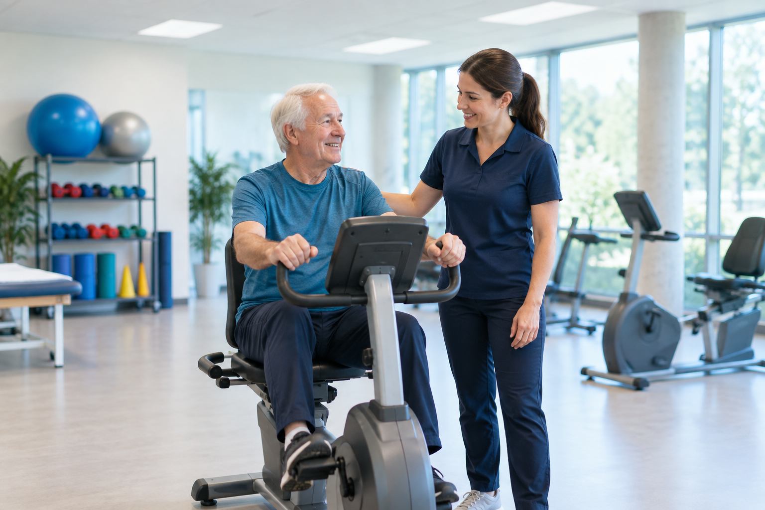 male doing cardiovascular rehabilitation helped by physio staff.