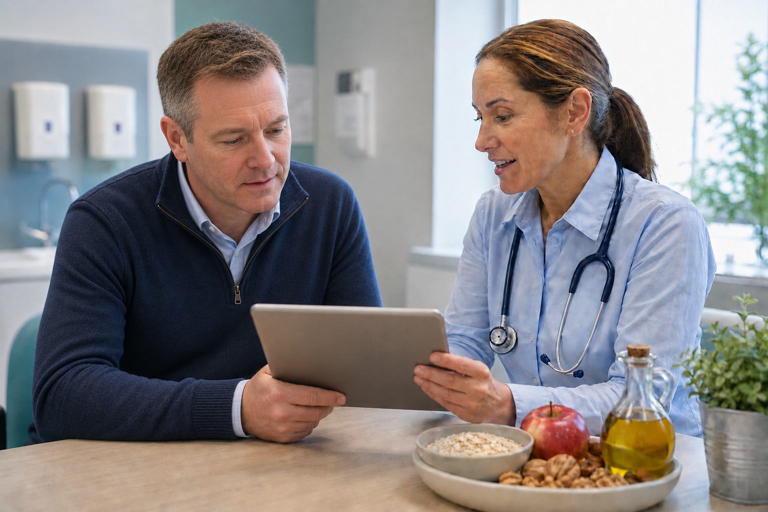Consultation female GP and male patient - on cholesterol