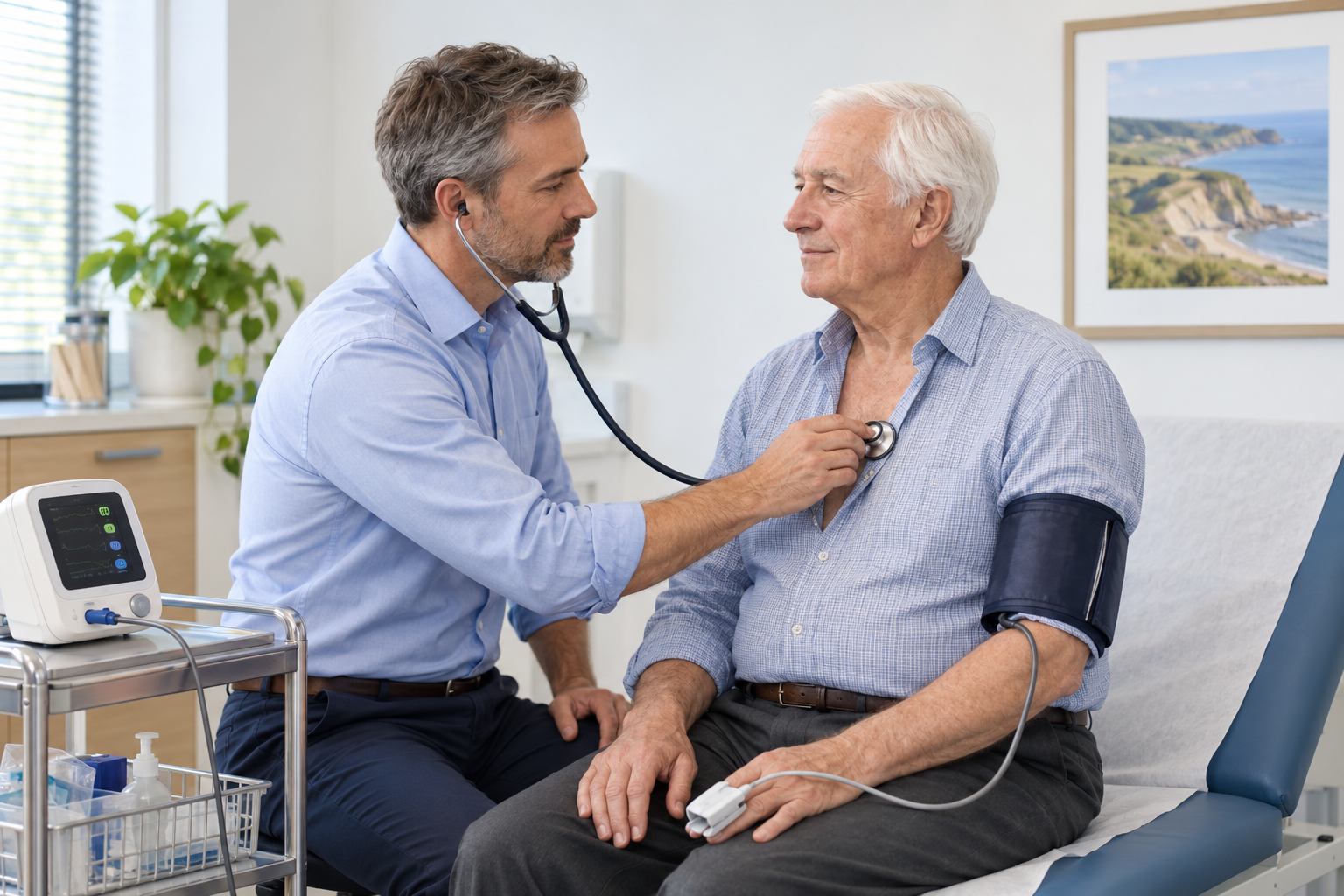 GP checking male patient with stethescope